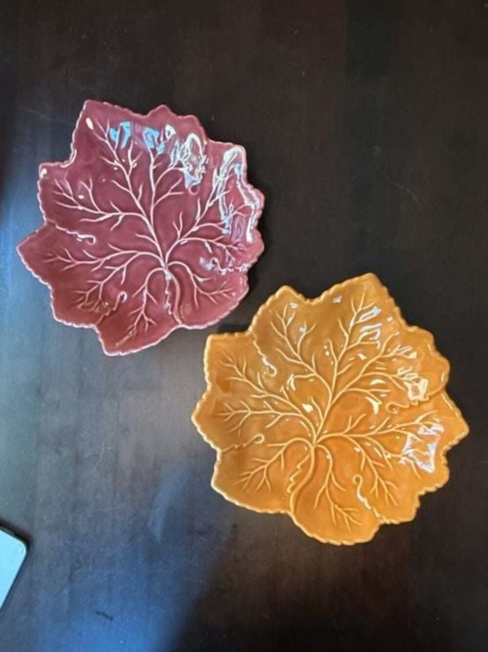 Set of 2 Olfaire Portugal Ceramic Maple Leaf Serving Dishes: Maroon, Orange